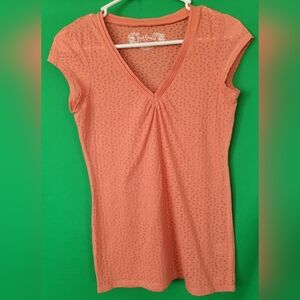 Red Camel Coral Short Sleeve V-Neck Top Sheer Y2k Women Junior Size Medium Shirt
